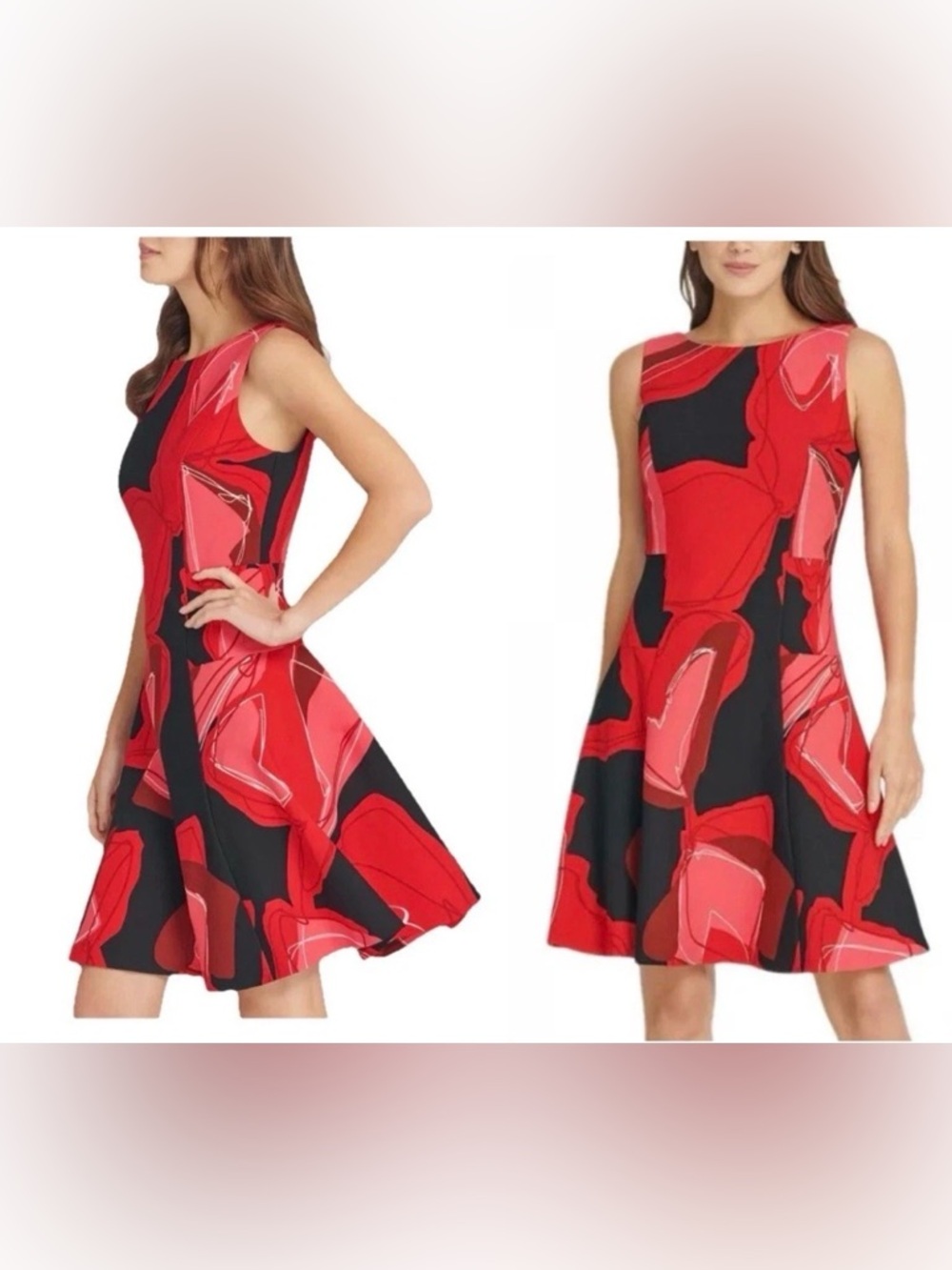 NWT DKNY Women’s Black & Red Fit & Flare Abstract Print Dress Romantic Size 10